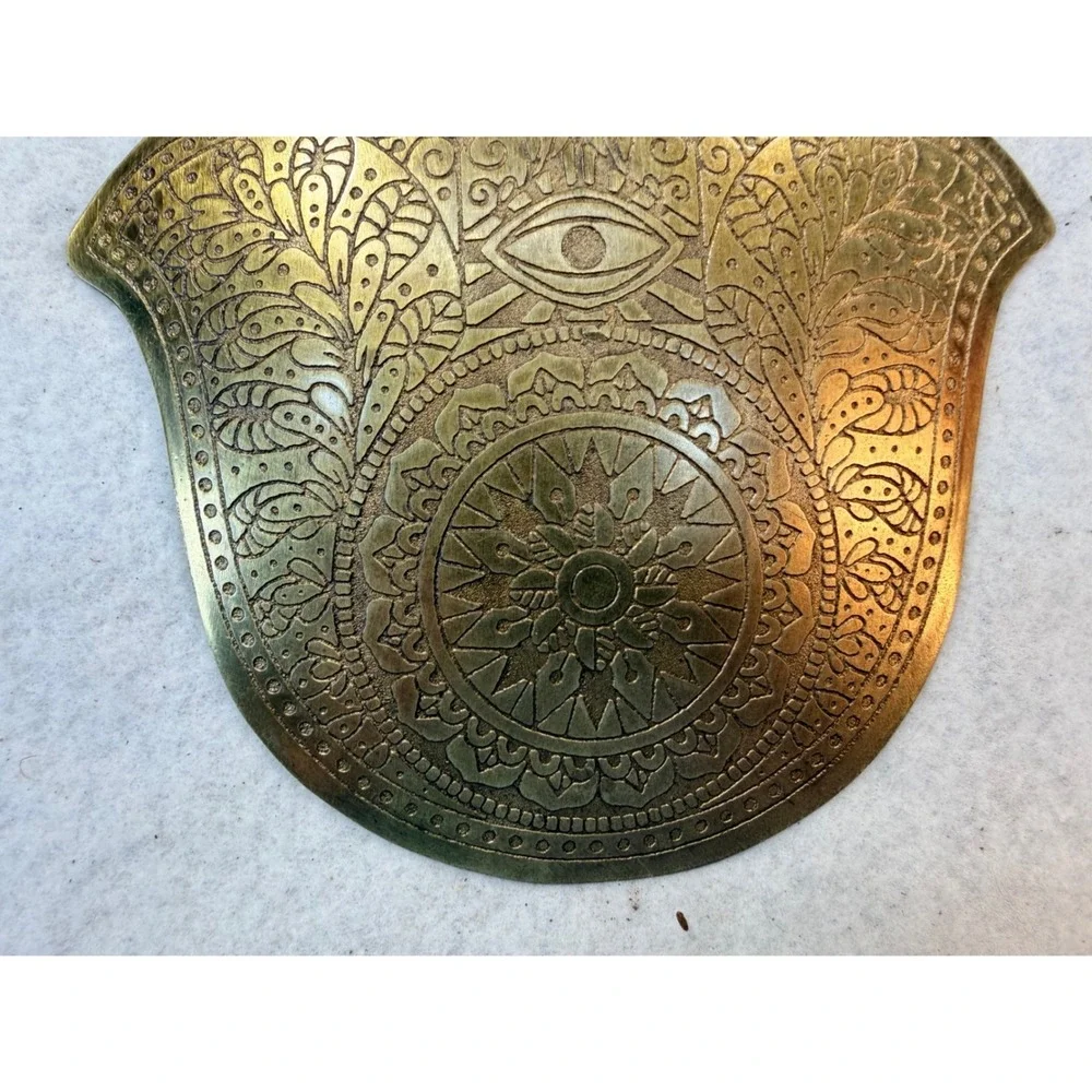 Vintage Etched Hamsa Hand Wall Hanging Plaque Evil Eye Protection Talisman